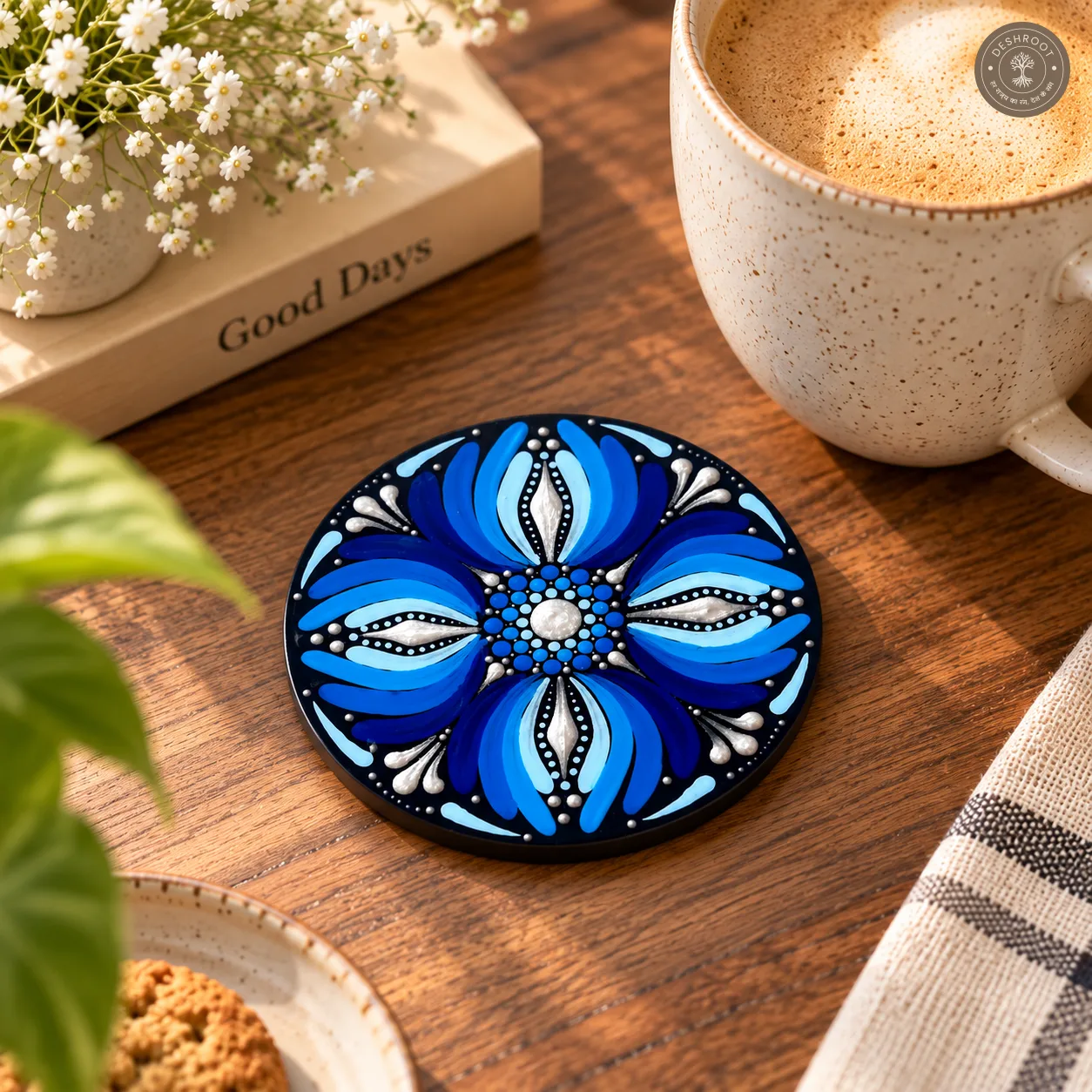 Midnight Sapphire Bloom Hand Painted Resin Dot Mandala Coasters - Set of 4