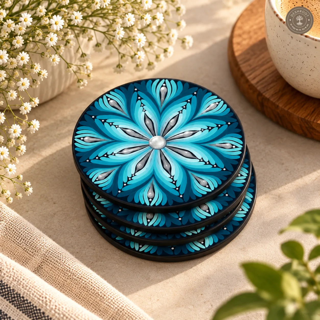 Aqua Petal Symphony Hand-Painted Resin Mandala Coasters - Set of 4