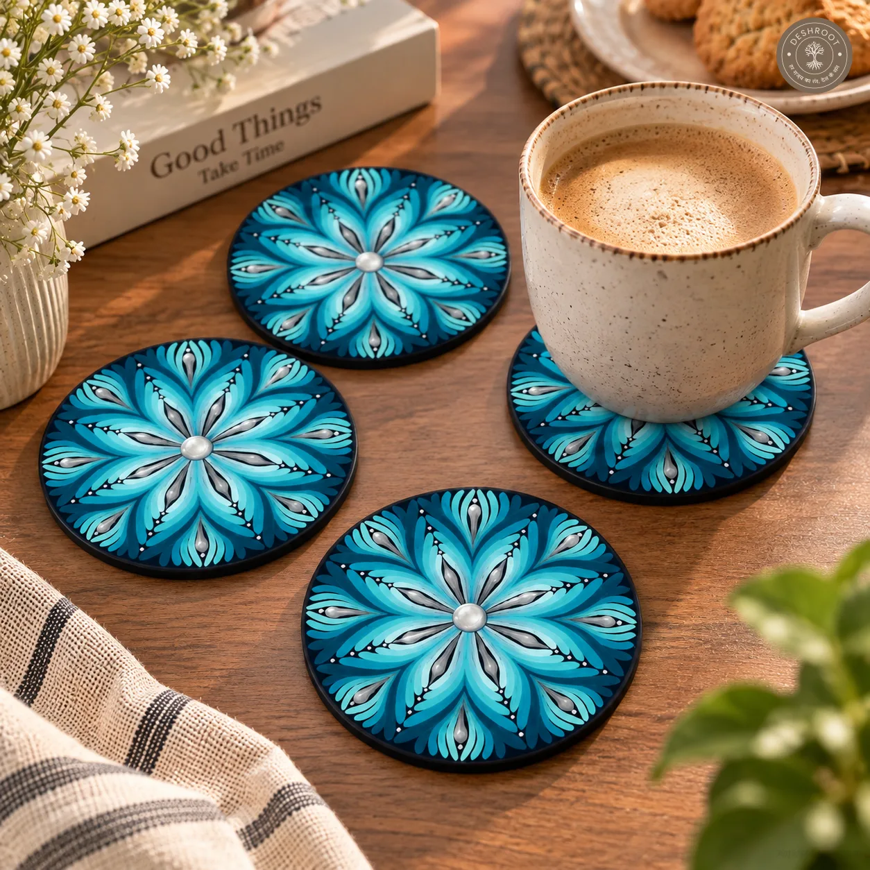 Aqua Petal Symphony Hand-Painted Resin Mandala Coasters - Set of 4