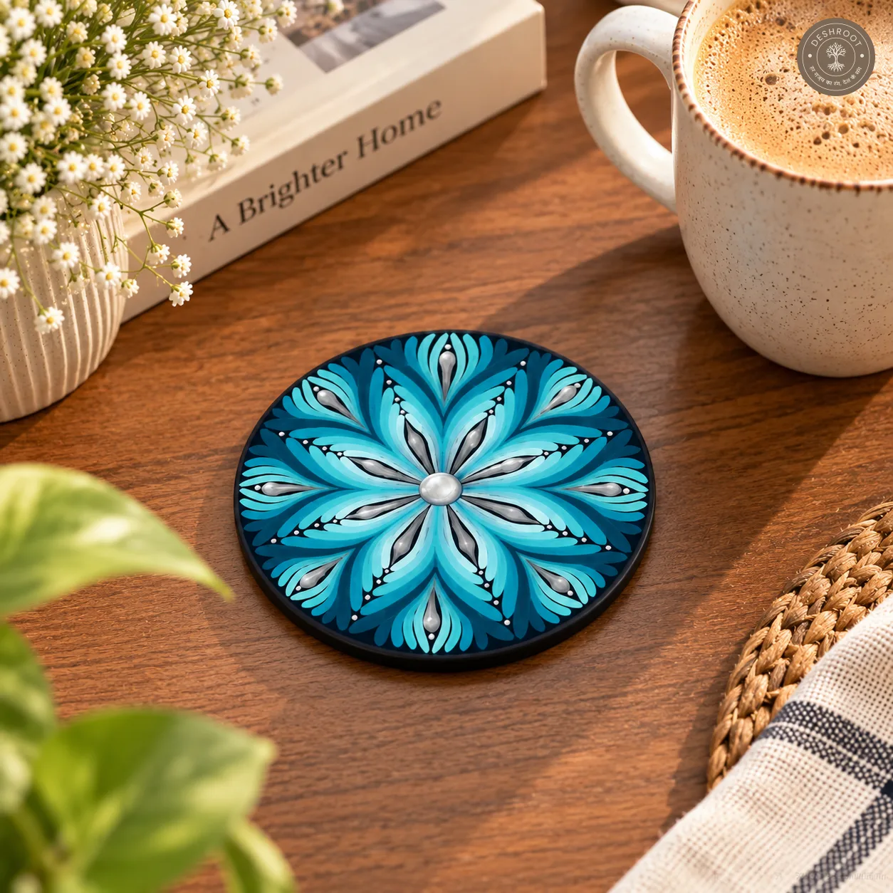 Aqua Petal Symphony Hand-Painted Resin Mandala Coasters - Set of 4