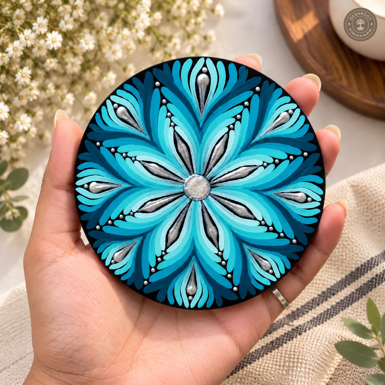 Aqua Petal Symphony Hand-Painted Resin Mandala Coasters - Set of 4