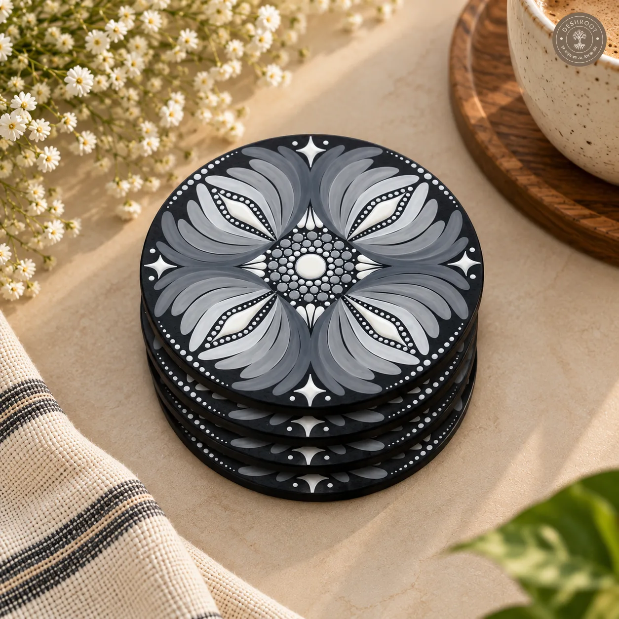 Silver Moon Petals Hand Painted Resin Dot Mandala Coasters - Set of 4