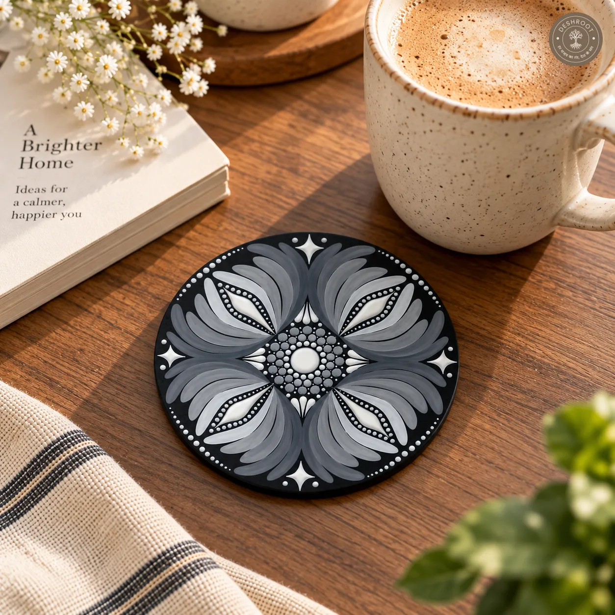 Silver Moon Petals Hand Painted Resin Dot Mandala Coasters - Set of 4