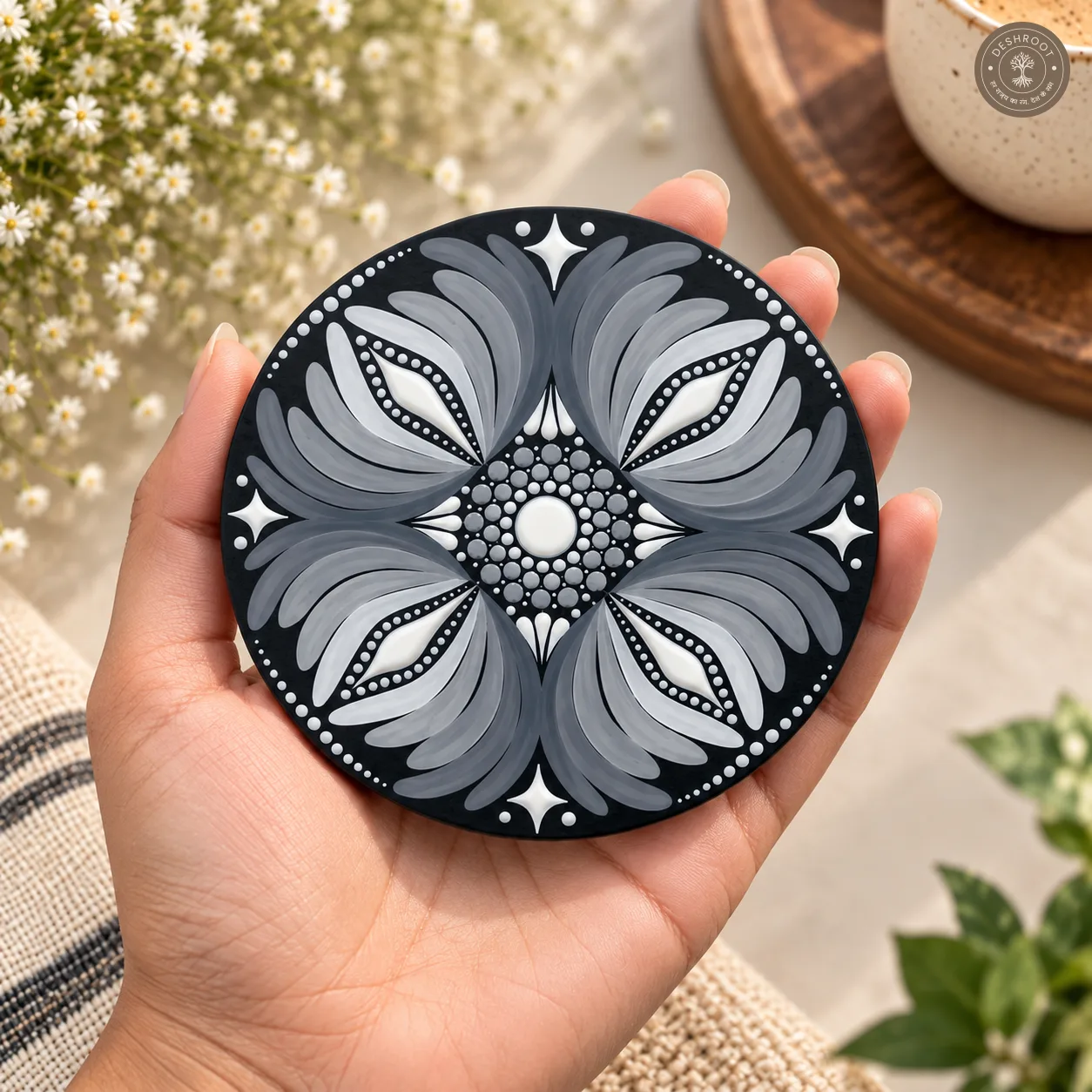 Silver Moon Petals Hand Painted Resin Dot Mandala Coasters - Set of 4