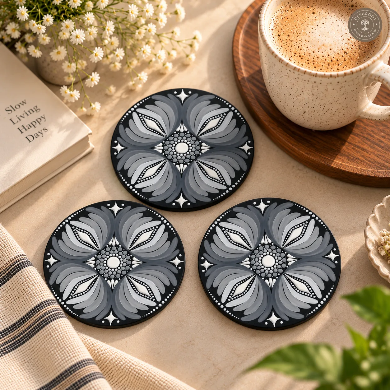 Silver Moon Petals Hand Painted Resin Dot Mandala Coasters - Set of 4