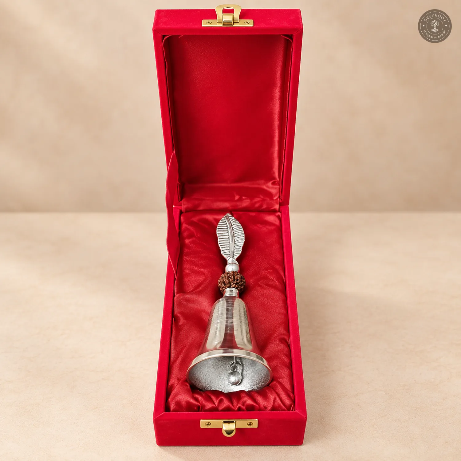 Silver Finish Pooja Bell with Peacock Feather & Rudraksha Design