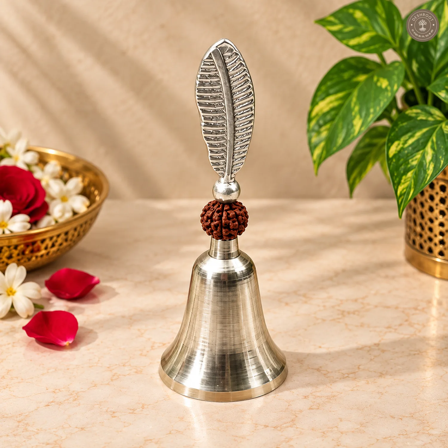 Silver Finish Pooja Bell with Peacock Feather & Rudraksha Design