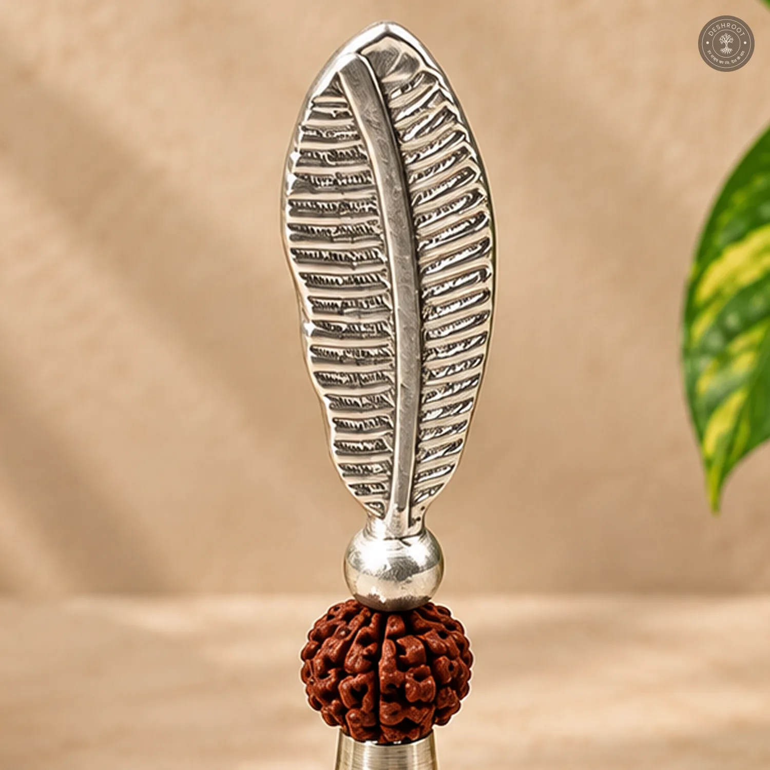 Silver Finish Pooja Bell with Peacock Feather & Rudraksha Design