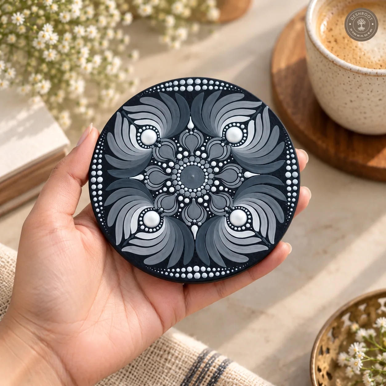 Silver Paisley Aura Hand-Painted Resin Dot Mandala Coasters - Set of 4