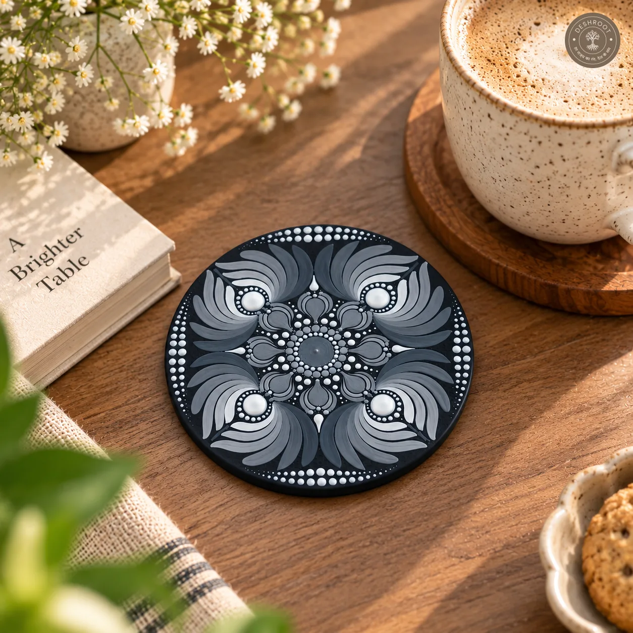 Silver Paisley Aura Hand-Painted Resin Dot Mandala Coasters - Set of 4