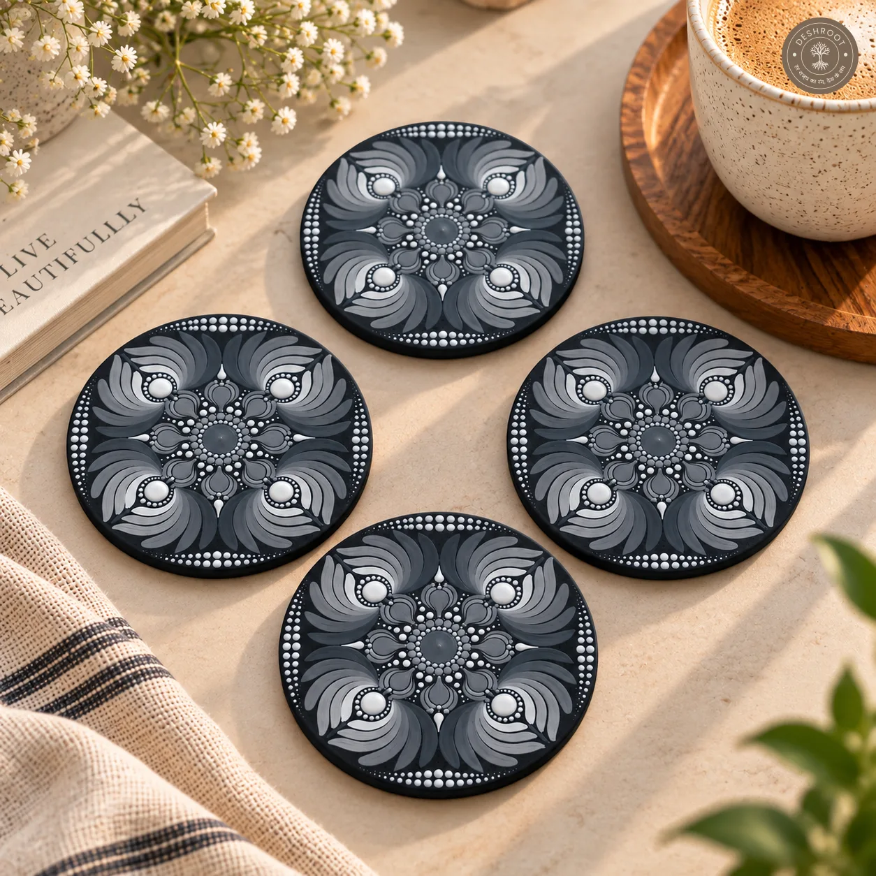 Silver Paisley Aura Hand-Painted Resin Dot Mandala Coasters - Set of 4