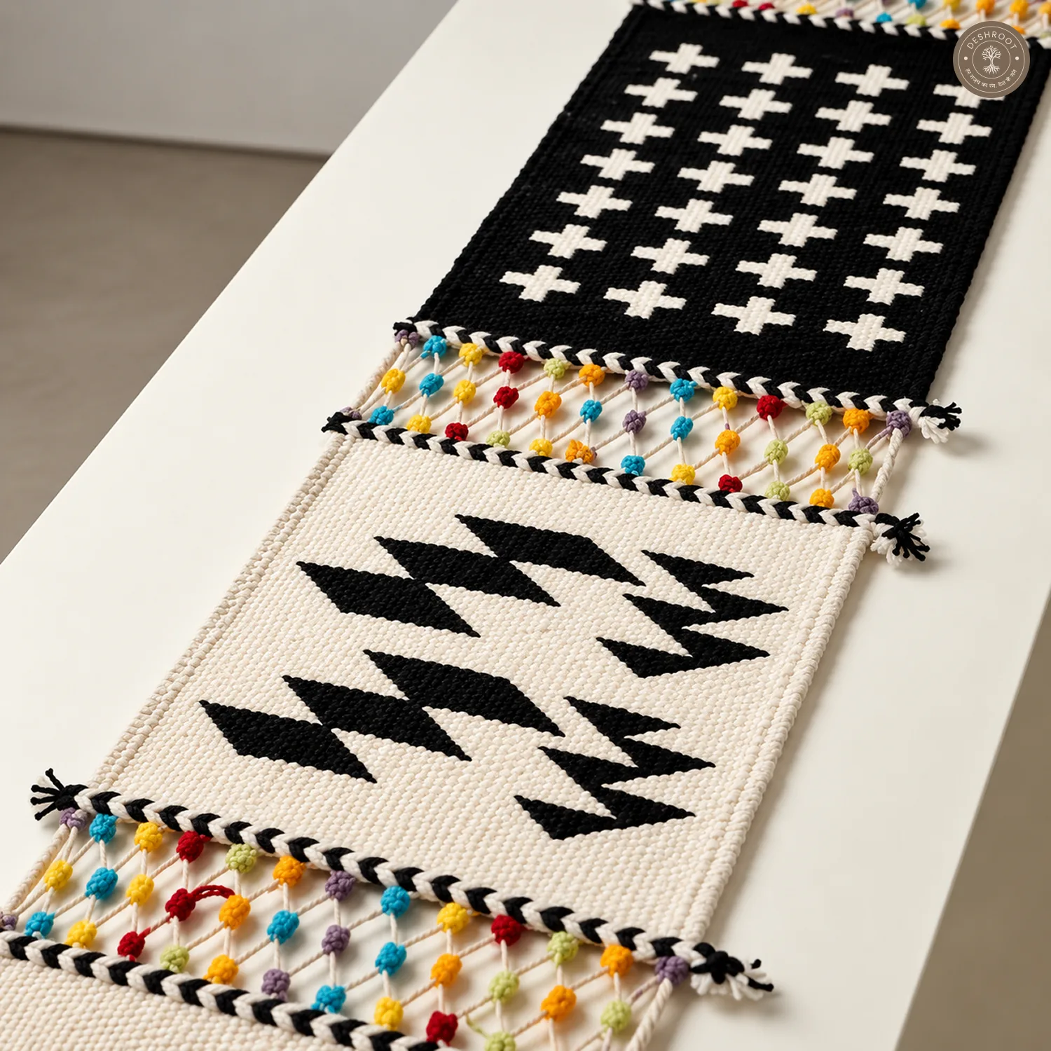 Handwoven Tribal Motif Wall Hanging with Colorful Tassel Detailing