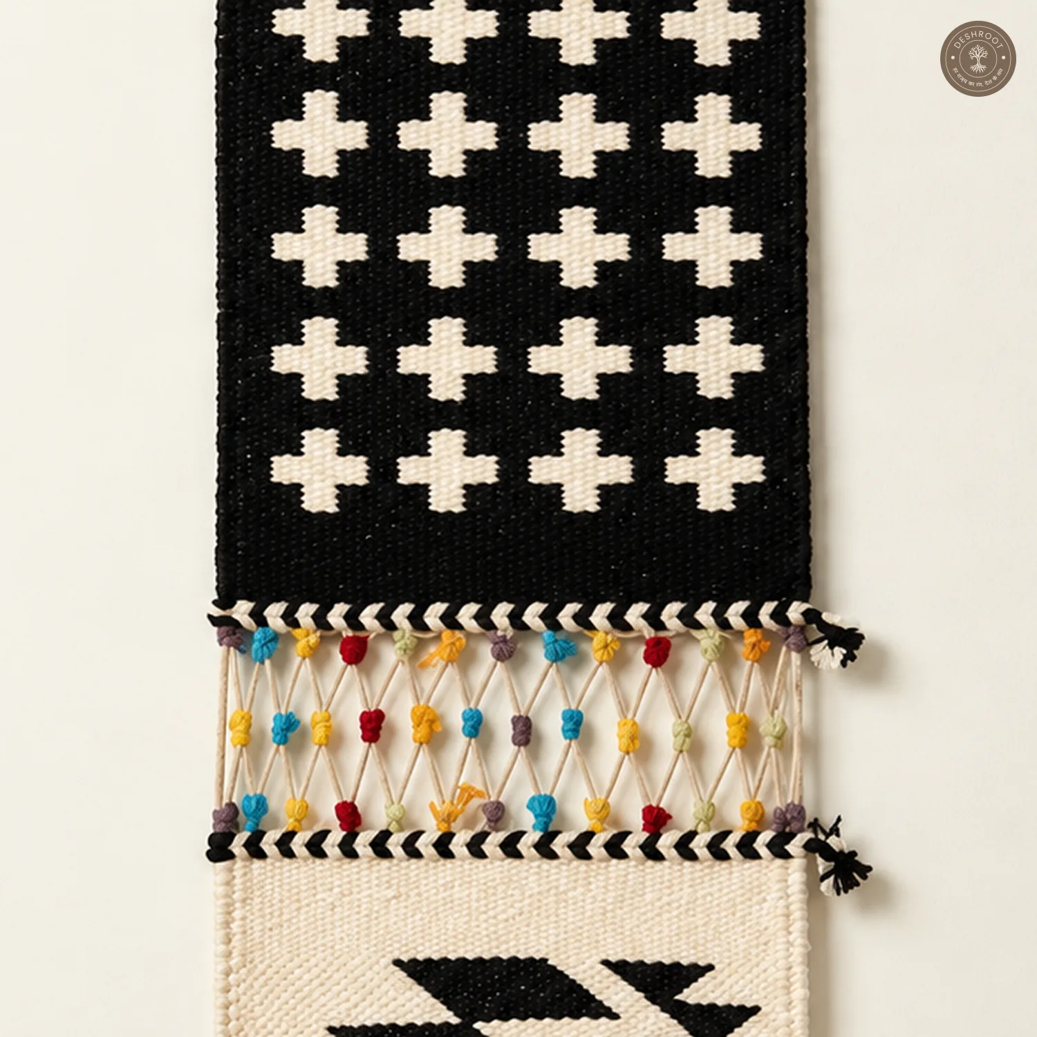 Handwoven Tribal Motif Wall Hanging with Colorful Tassel Detailing