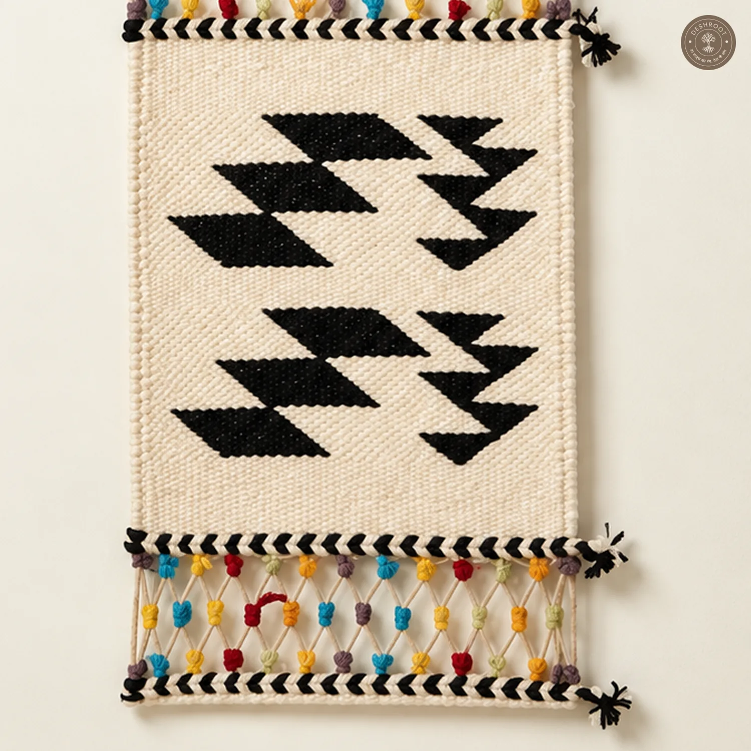 Handwoven Tribal Motif Wall Hanging with Colorful Tassel Detailing