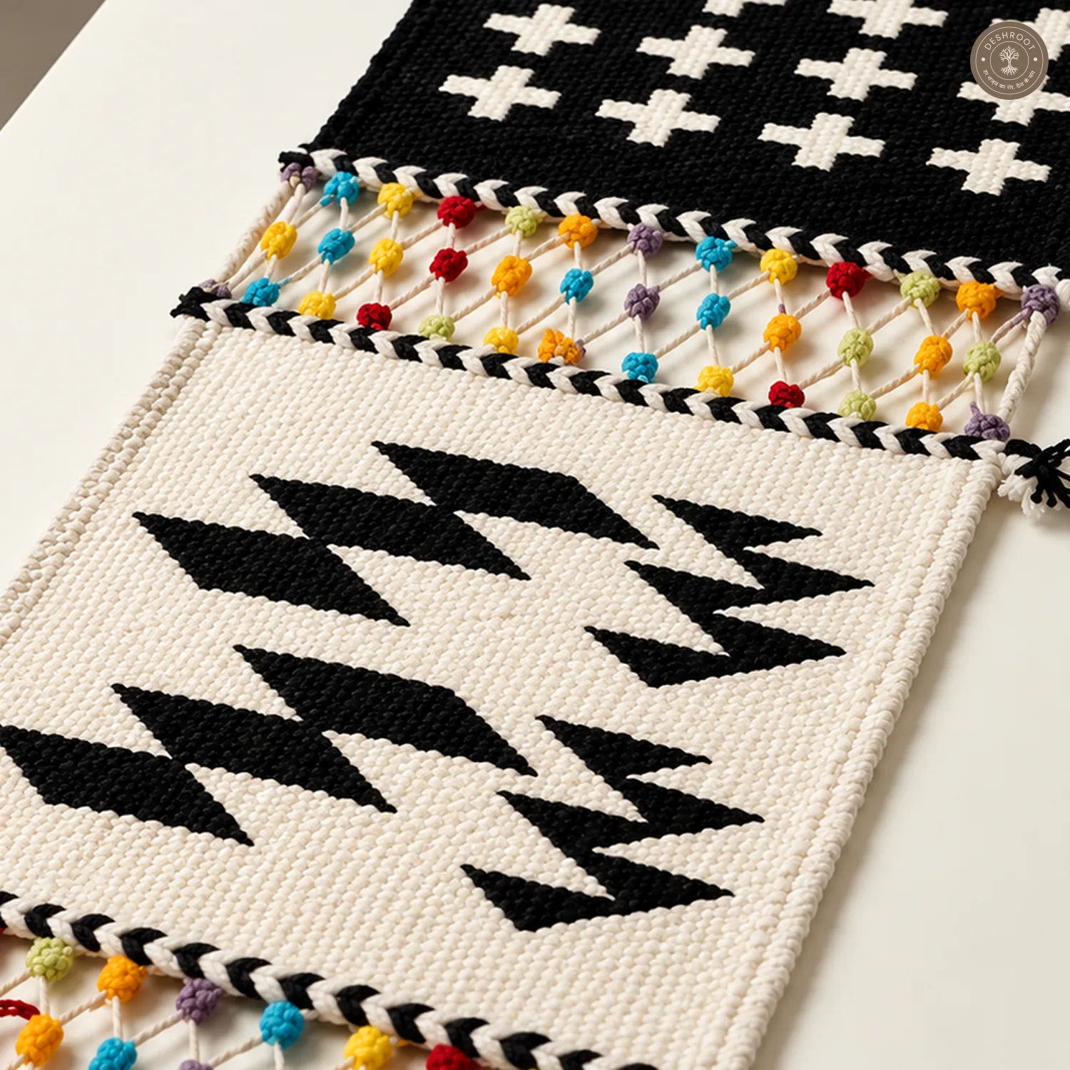 Handwoven Tribal Motif Wall Hanging with Colorful Tassel Detailing
