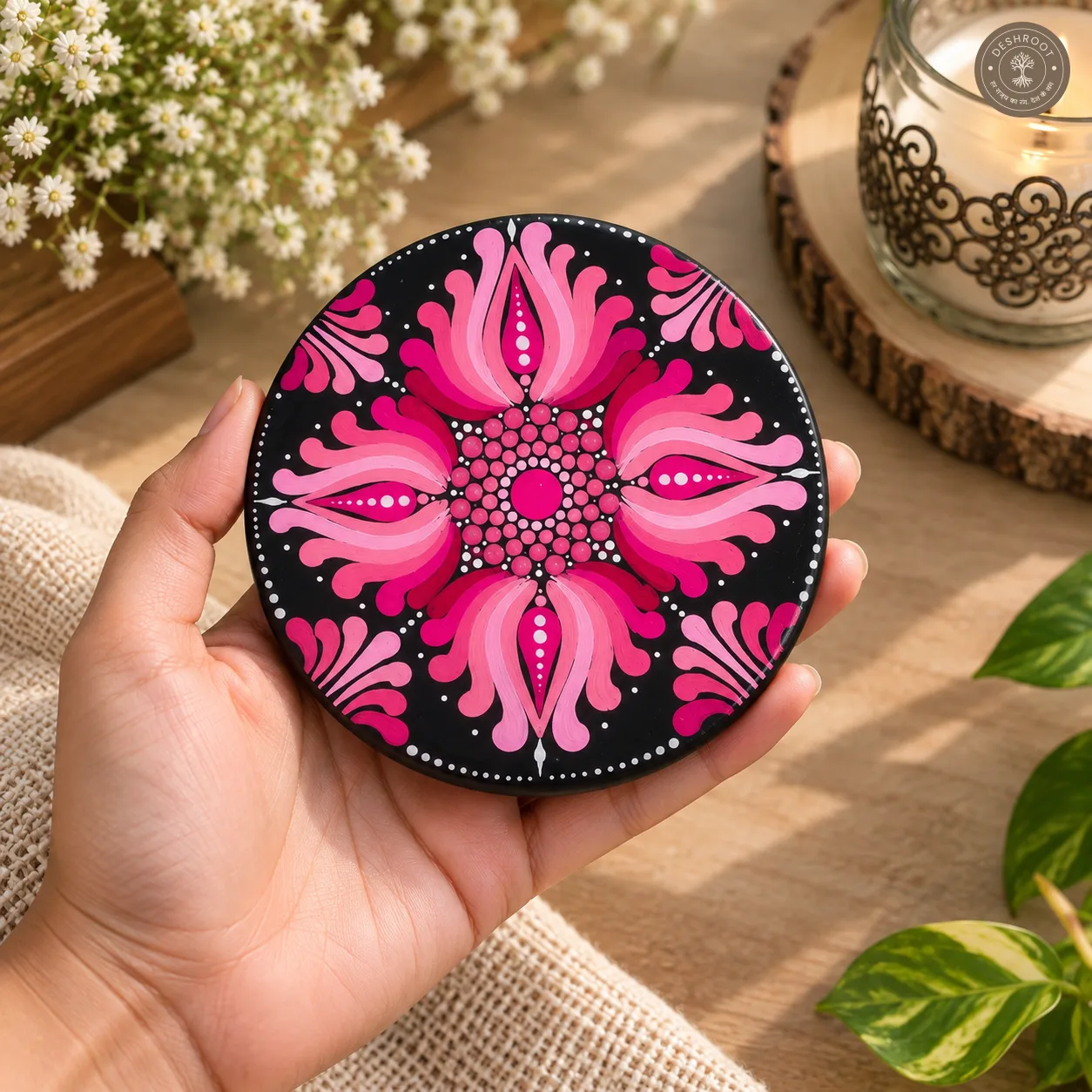 Pink Lotus Bloom Hand-Painted Resin Dot Mandala Coasters - Set of 4