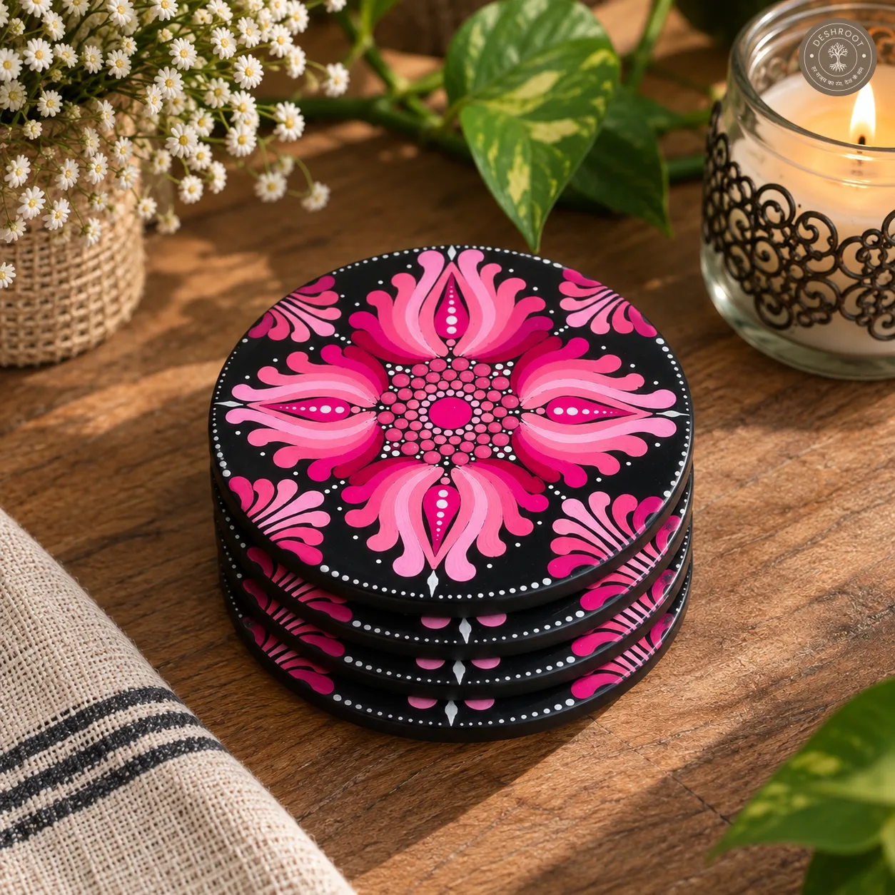 Pink Lotus Bloom Hand-Painted Resin Dot Mandala Coasters - Set of 4