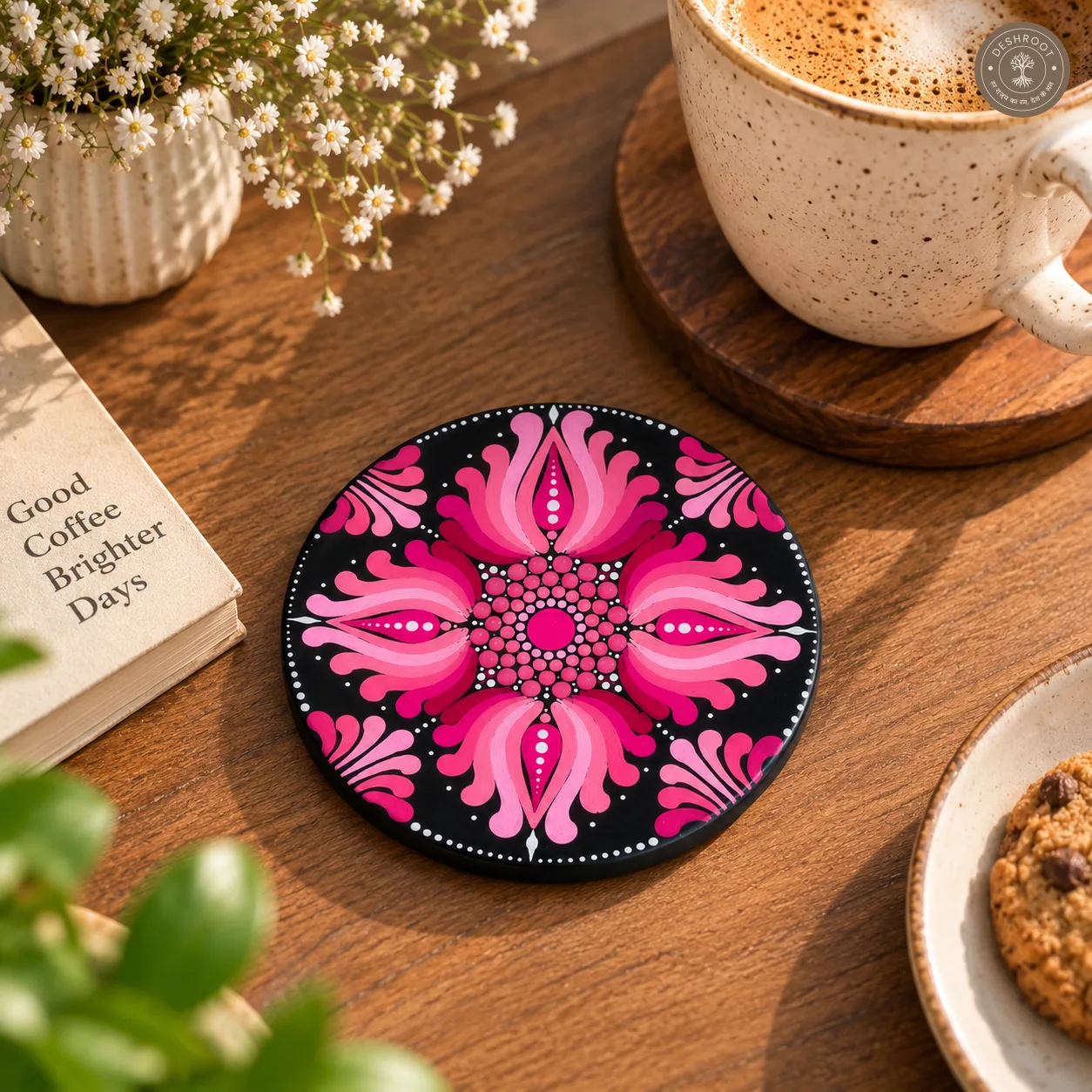 Pink Lotus Bloom Hand-Painted Resin Dot Mandala Coasters - Set of 4