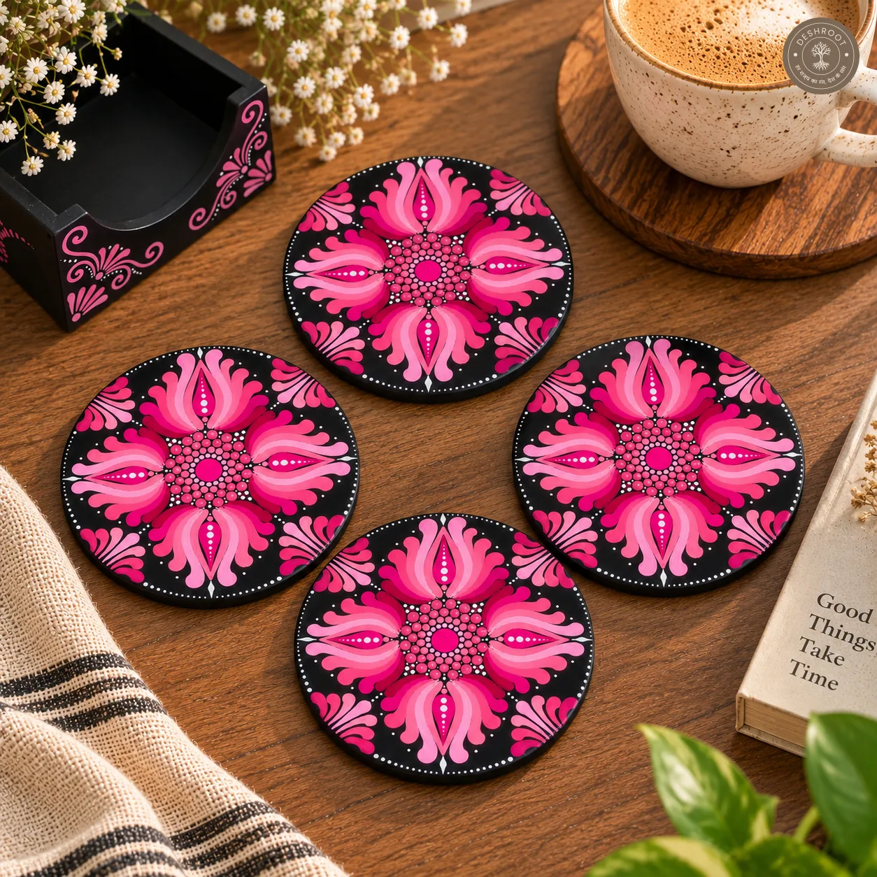Pink Lotus Bloom Hand-Painted Resin Dot Mandala Coasters - Set of 4