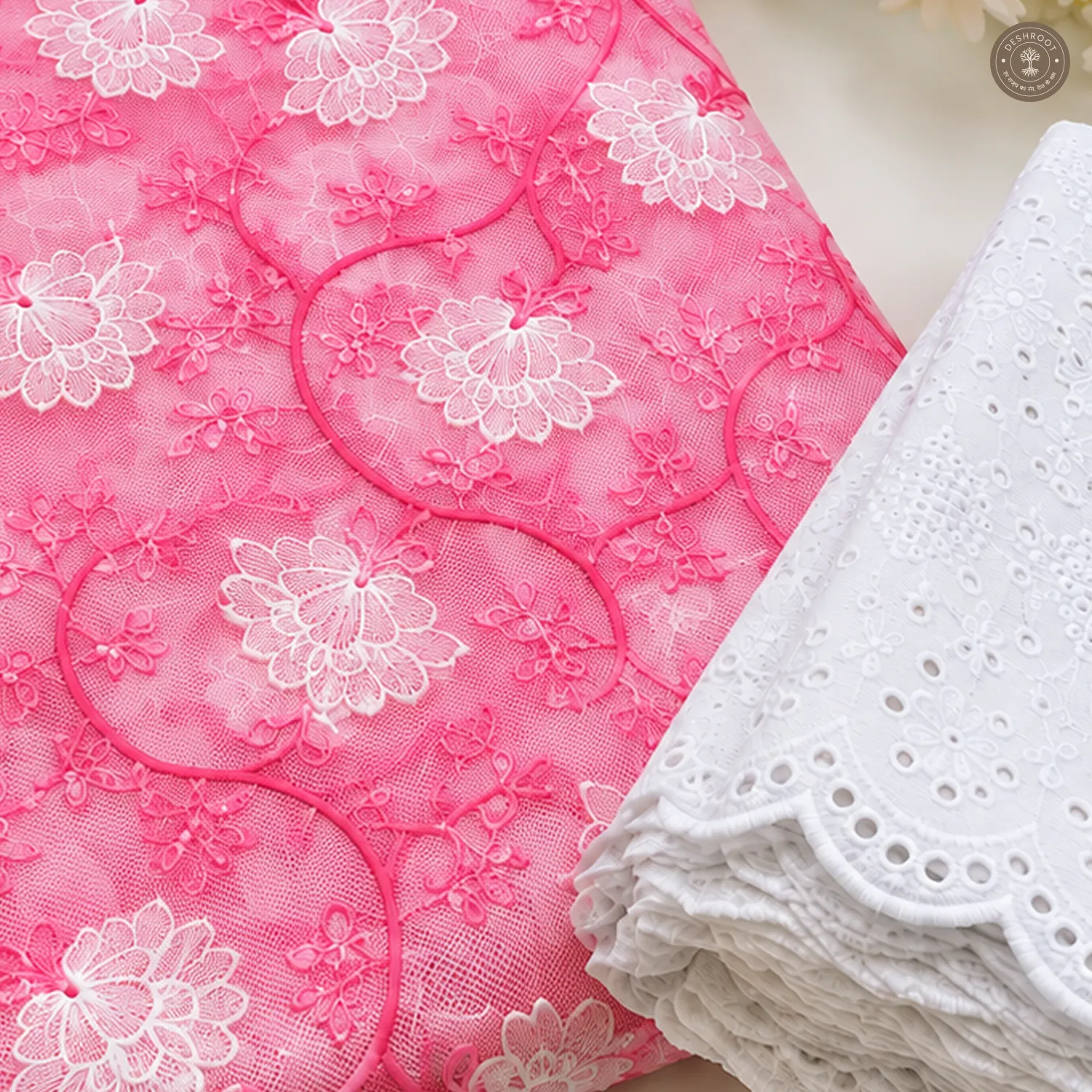 Floral Embroidered Kota Cotton Unstitched Dress Material, Set of 3