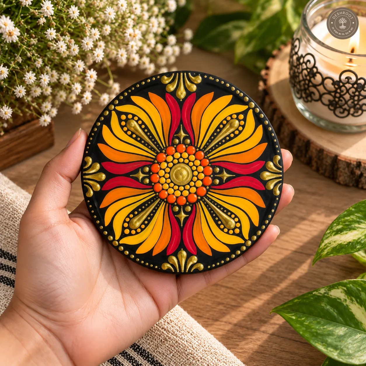 Golden Sunburst Hand-Painted Resin Dot Mandala Coasters - Set of 4