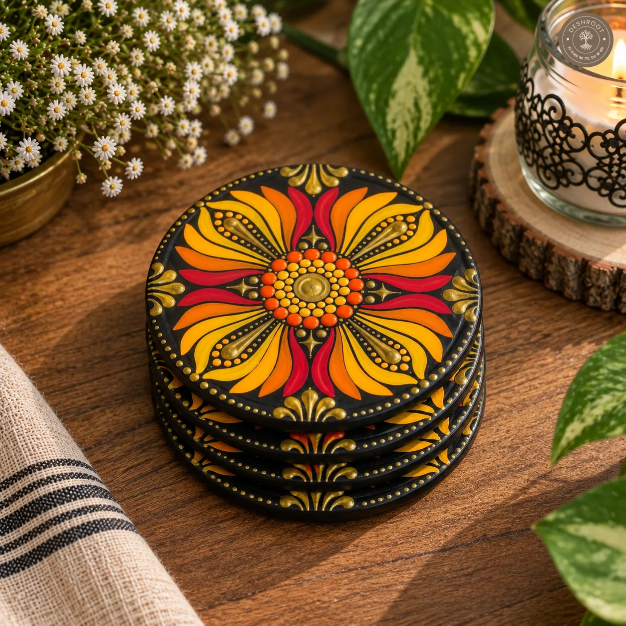 Golden Sunburst Hand-Painted Resin Dot Mandala Coasters - Set of 4