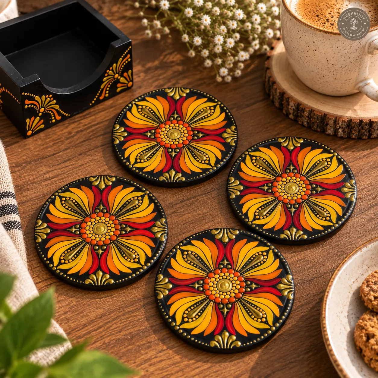 Golden Sunburst Hand-Painted Resin Dot Mandala Coasters - Set of 4