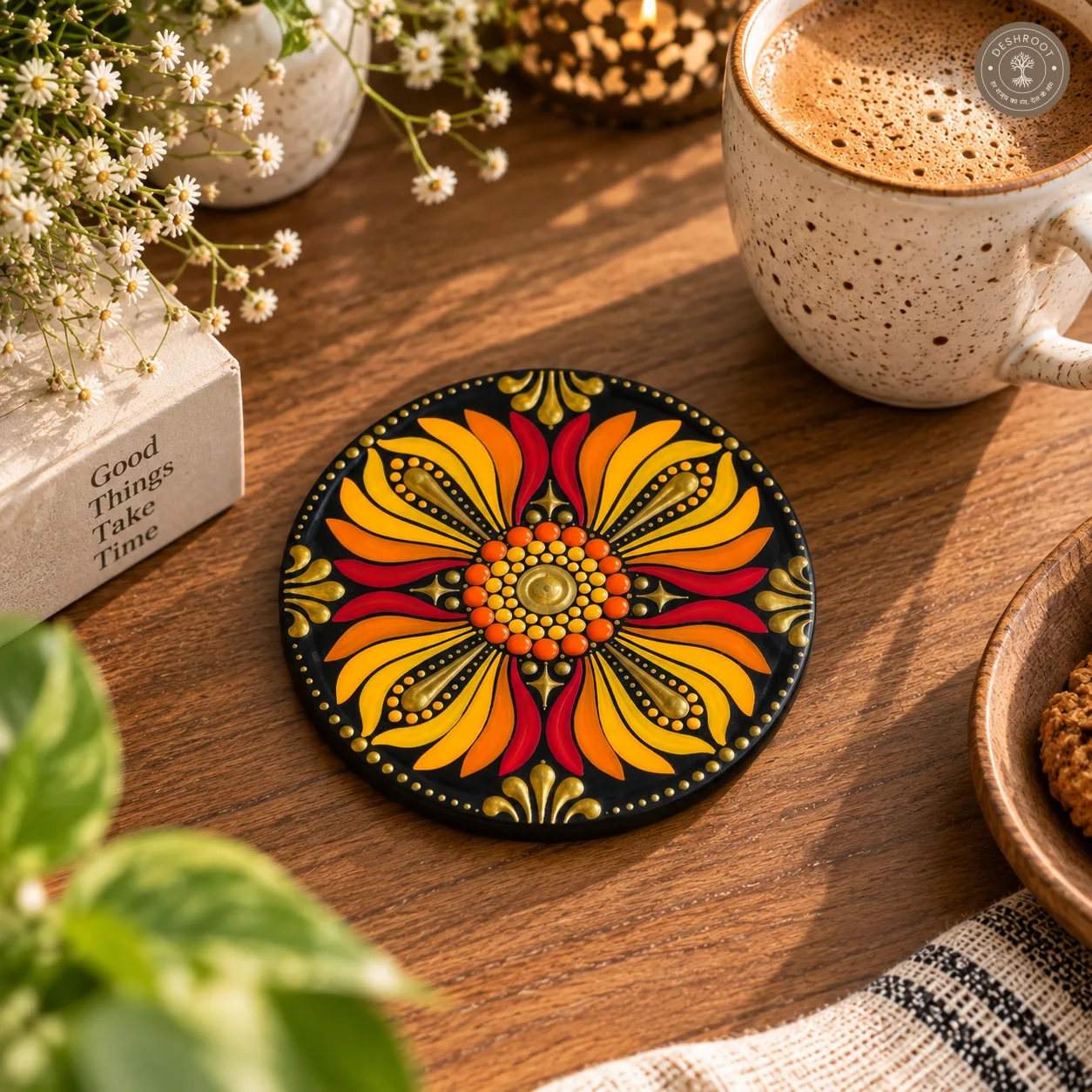 Golden Sunburst Hand-Painted Resin Dot Mandala Coasters - Set of 4