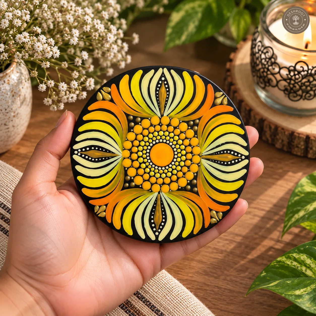 Golden Marigold Hand-Painted Resin Dot Mandala Coasters - Set of 4