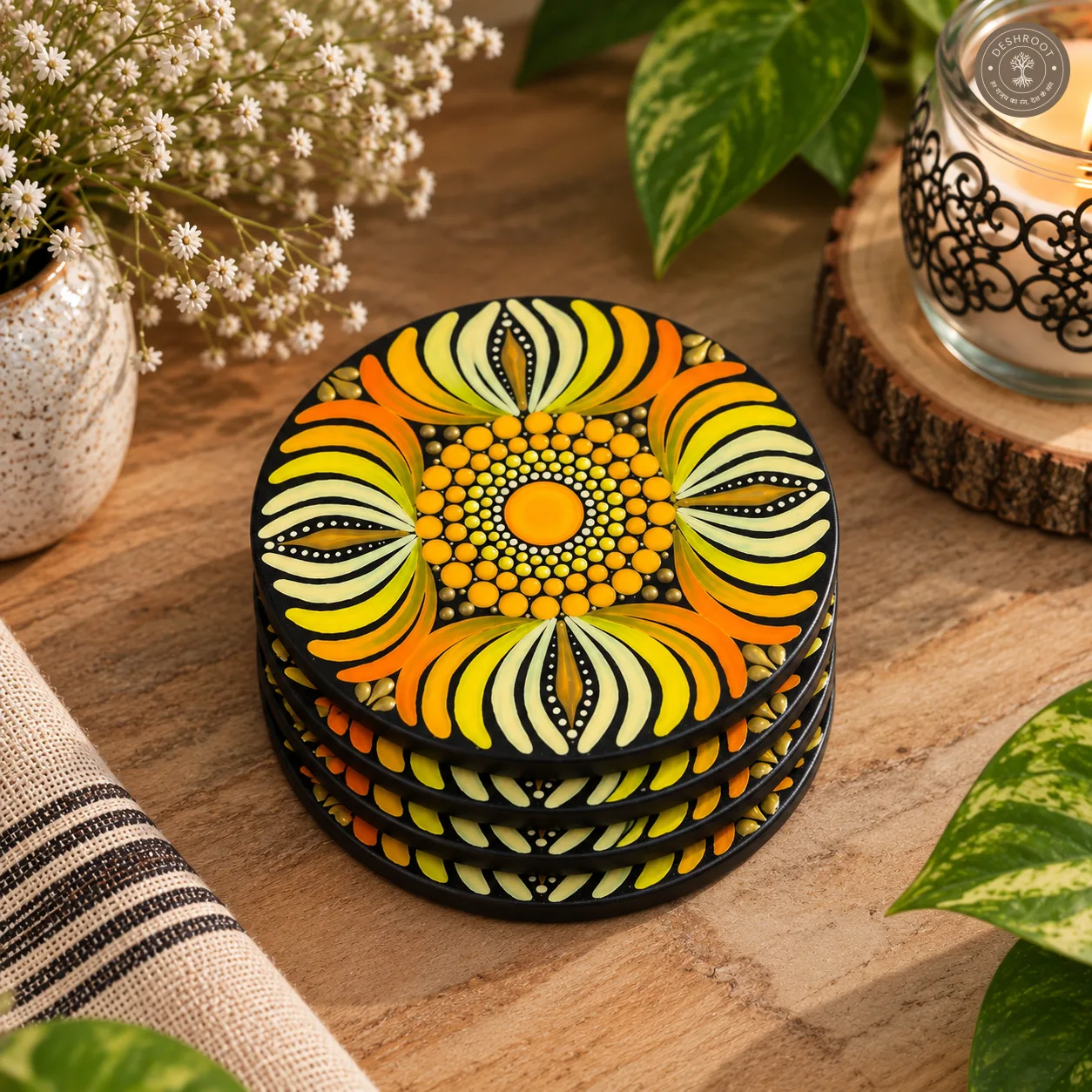 Golden Marigold Hand-Painted Resin Dot Mandala Coasters - Set of 4
