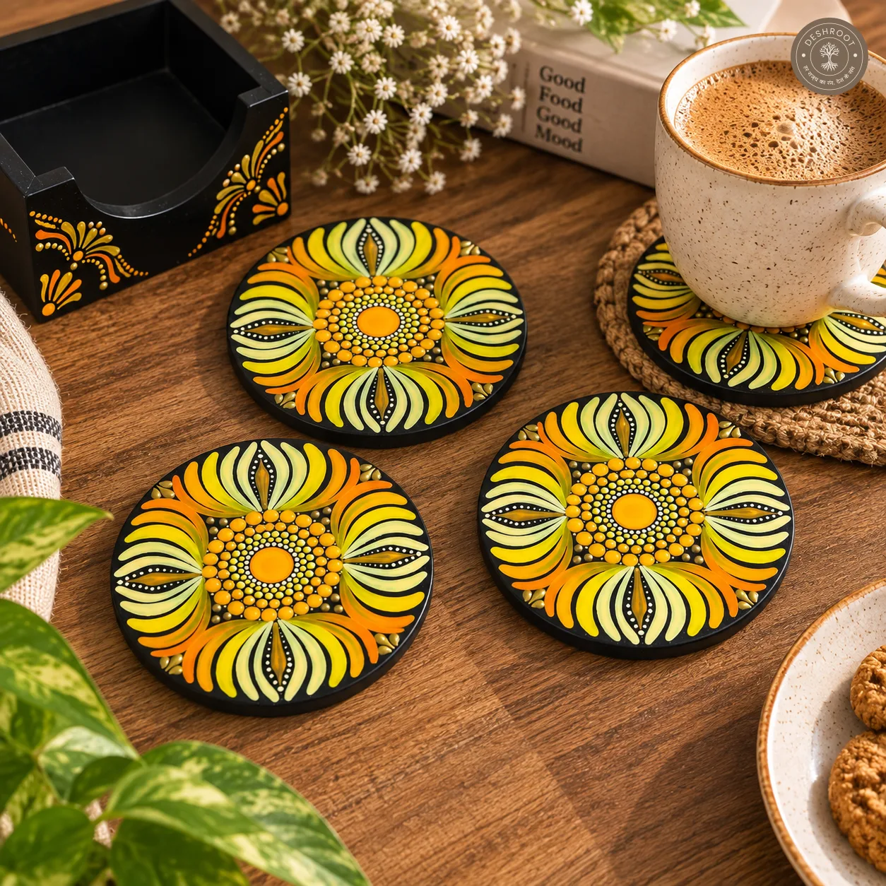 Golden Marigold Hand-Painted Resin Dot Mandala Coasters - Set of 4