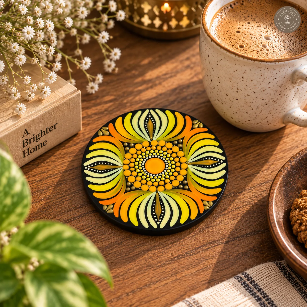 Golden Marigold Hand-Painted Resin Dot Mandala Coasters - Set of 4