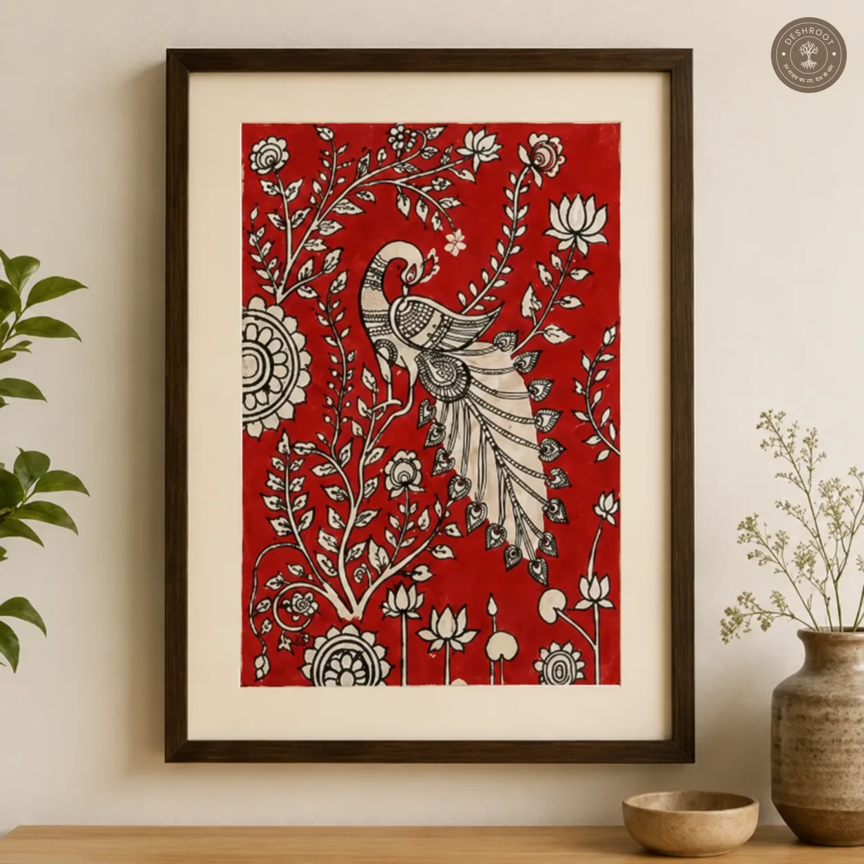 Traditional Kalamkari Painting – Handcrafted Peacock & Floral Motifs on Canvas