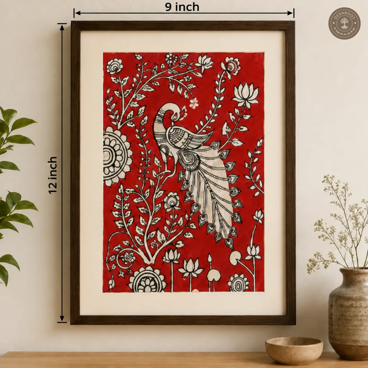 Traditional Kalamkari Painting – Handcrafted Peacock & Floral Motifs on Canvas