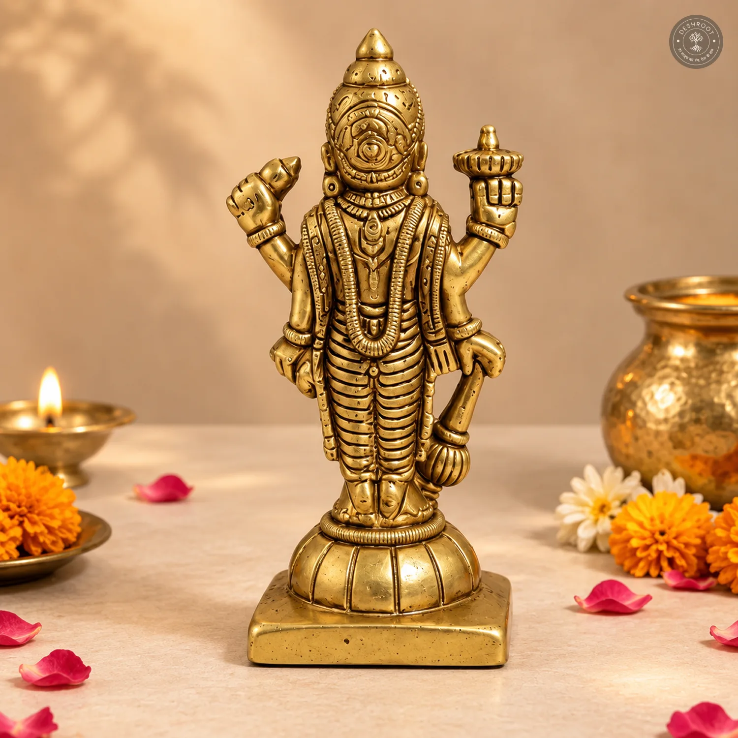 Golden Brass Lord Vishnu Idol, Standing Sculpture