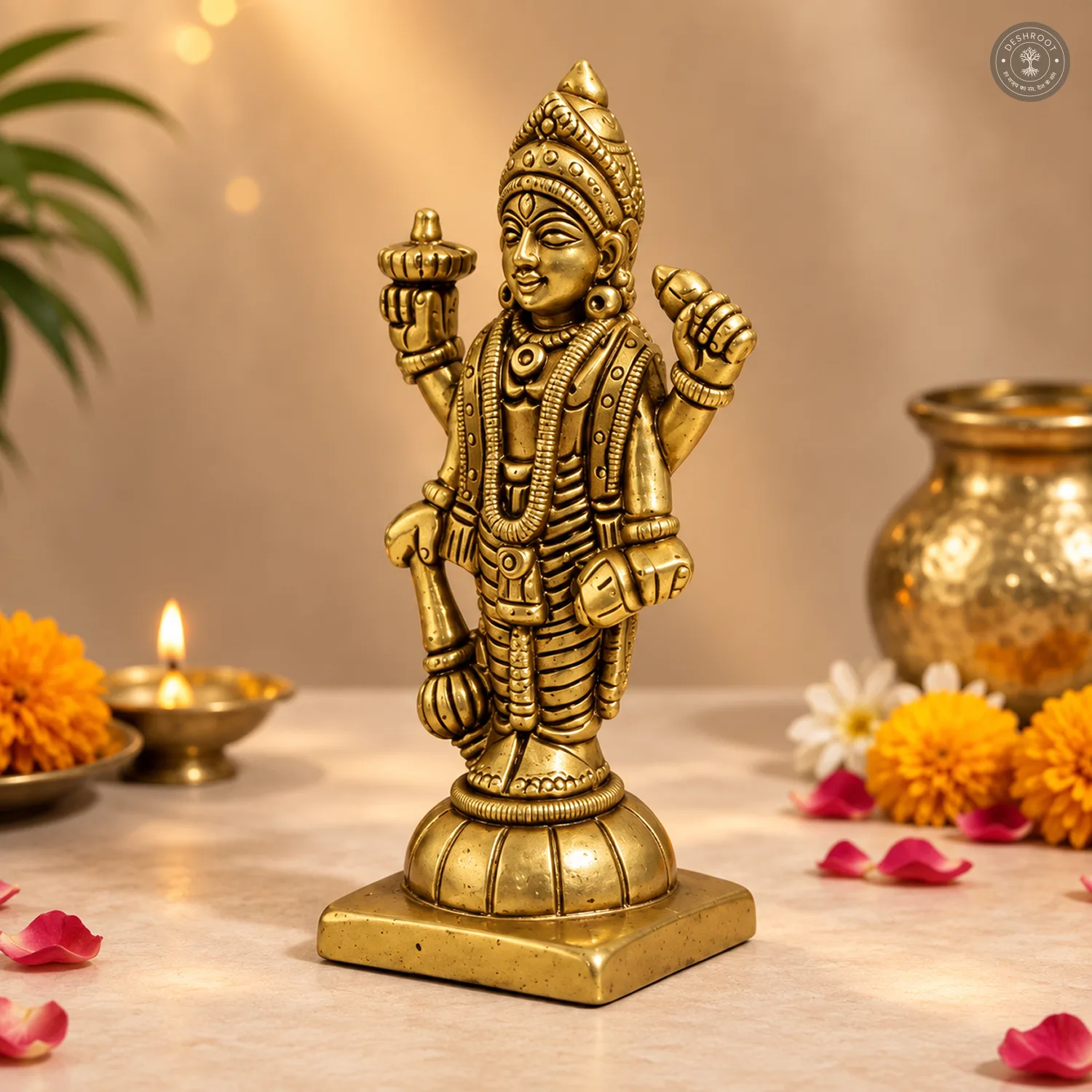 Golden Brass Lord Vishnu Idol, Standing Sculpture