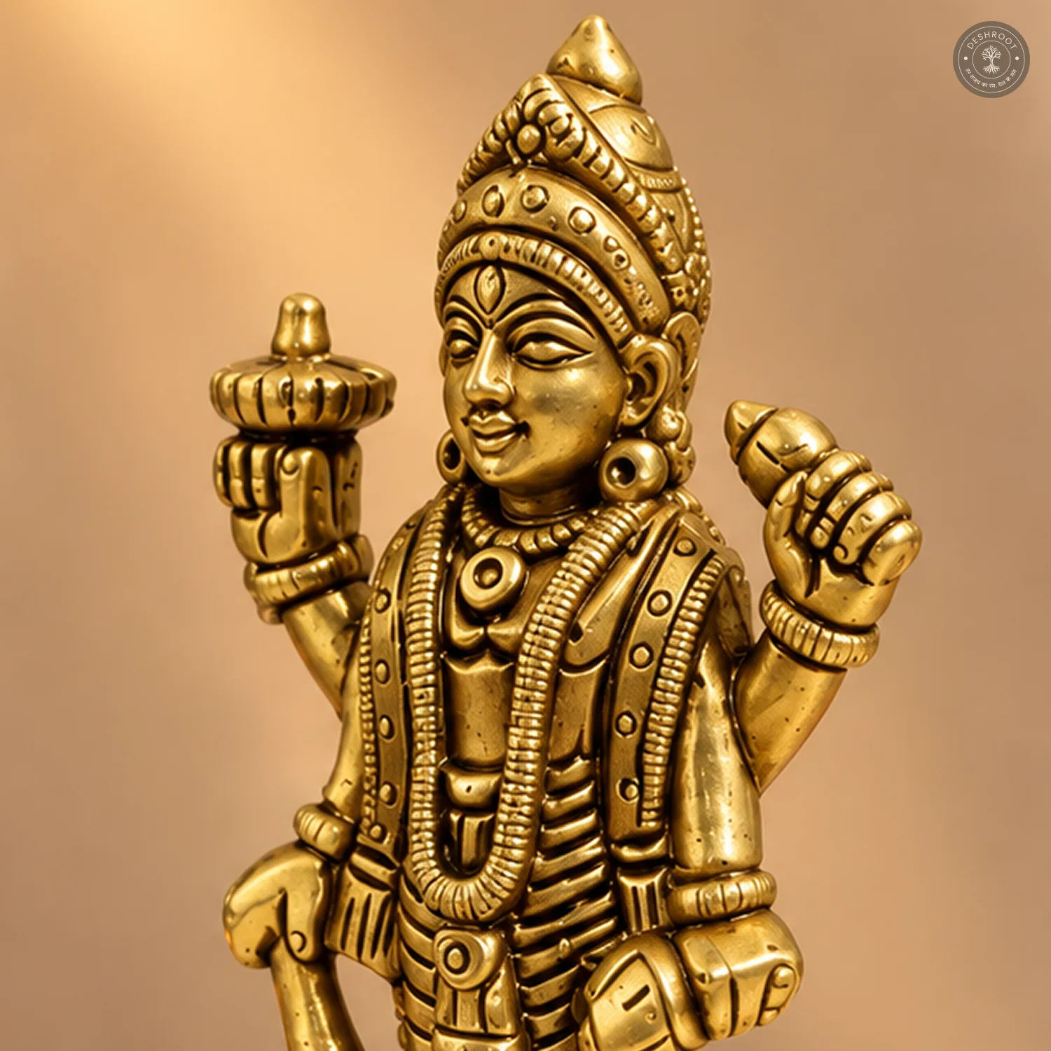 Golden Brass Lord Vishnu Idol, Standing Sculpture