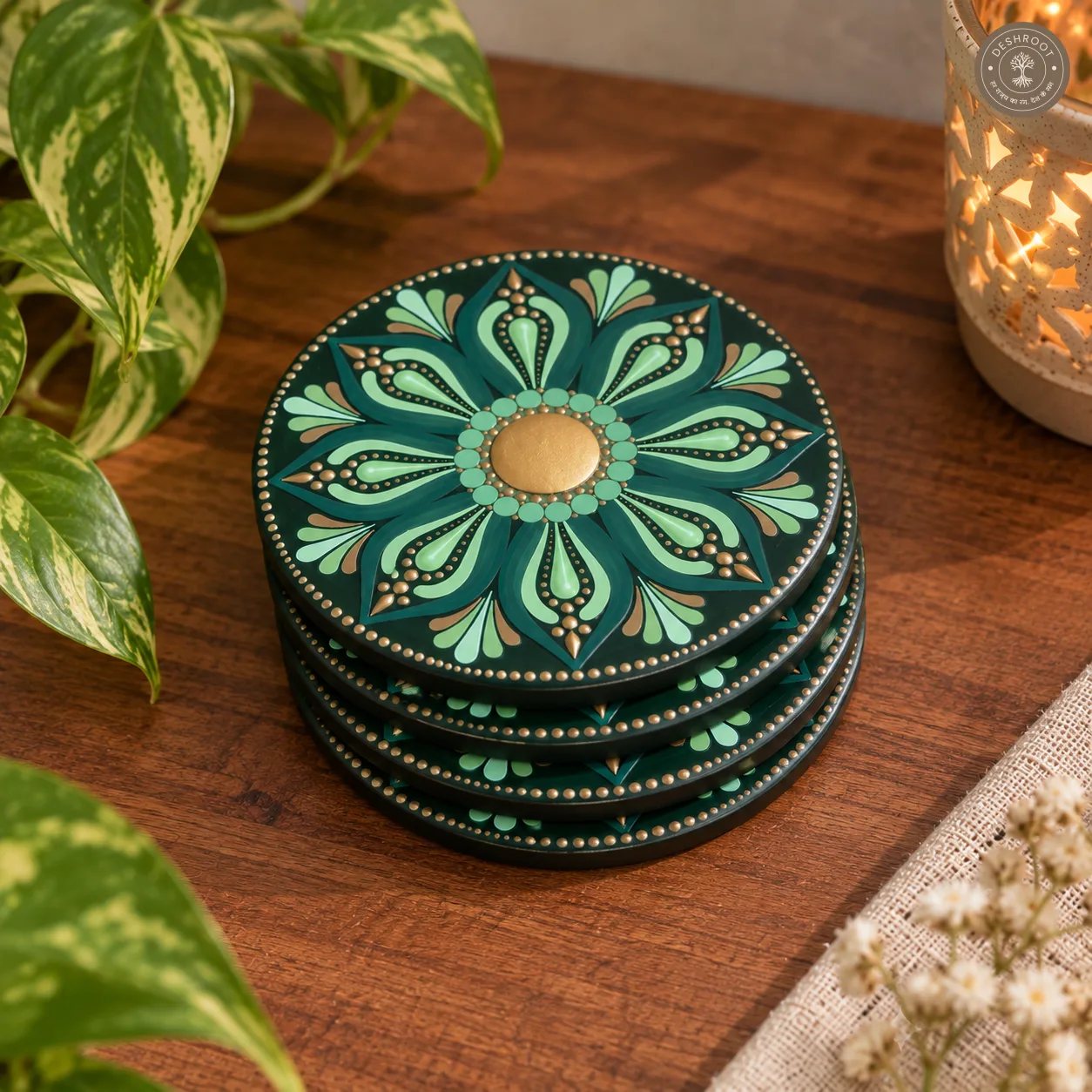 Verdant Aura Hand-Painted Resin Dot Mandala Coasters - Set of 4