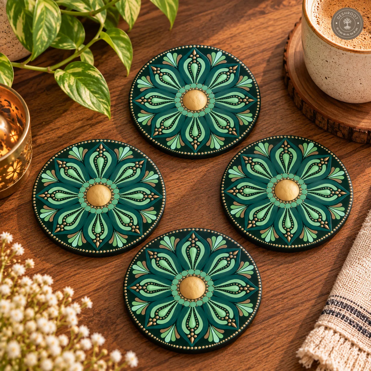 Verdant Aura Hand-Painted Resin Dot Mandala Coasters - Set of 4