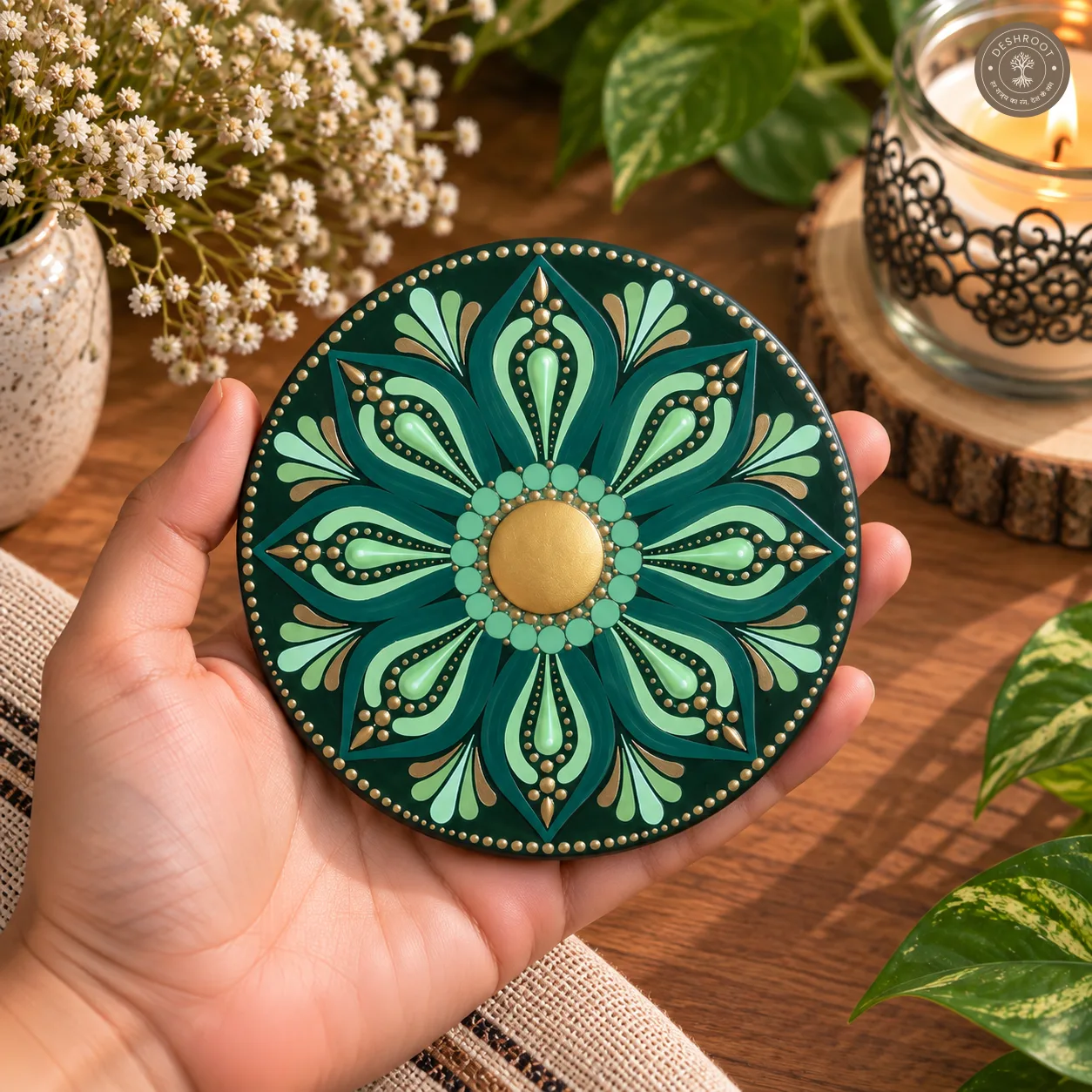 Verdant Aura Hand-Painted Resin Dot Mandala Coasters - Set of 4