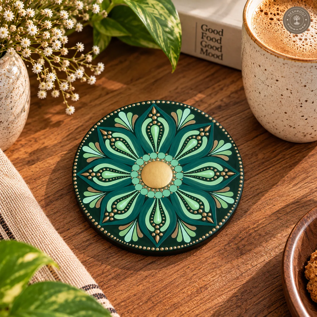 Verdant Aura Hand-Painted Resin Dot Mandala Coasters - Set of 4