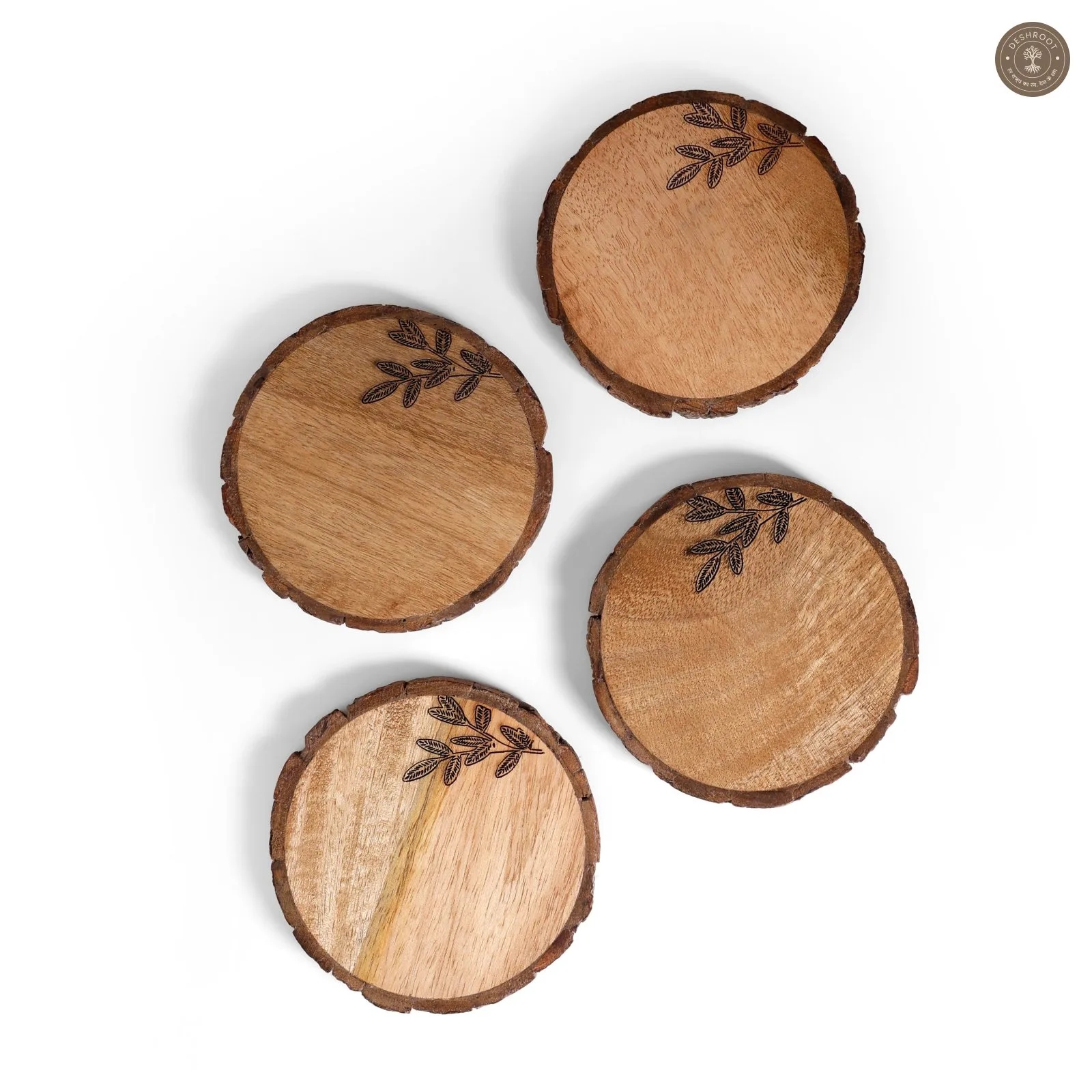 Forest Bark Wooden Coaster Set with Leaf Etching