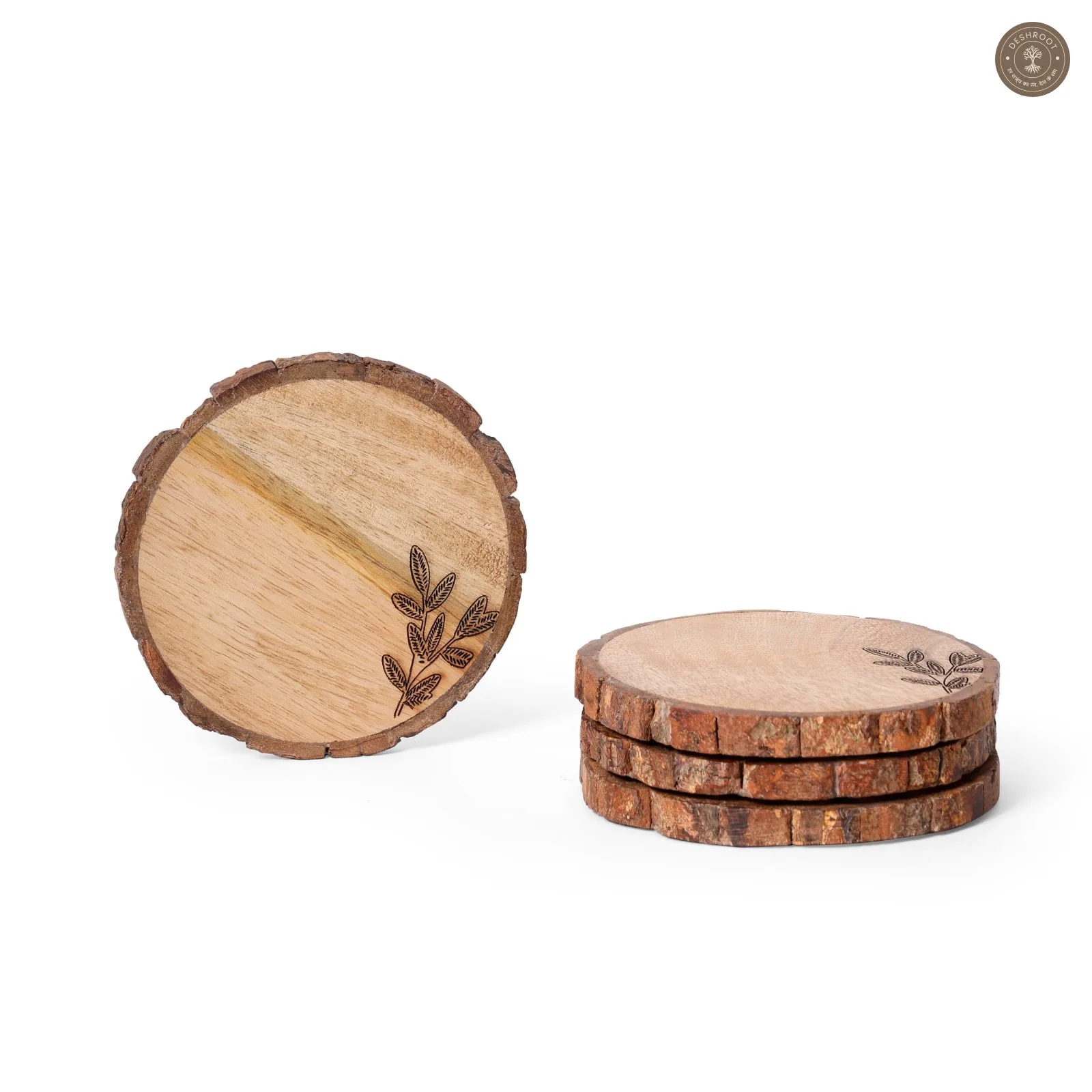 Forest Bark Wooden Coaster Set with Leaf Etching