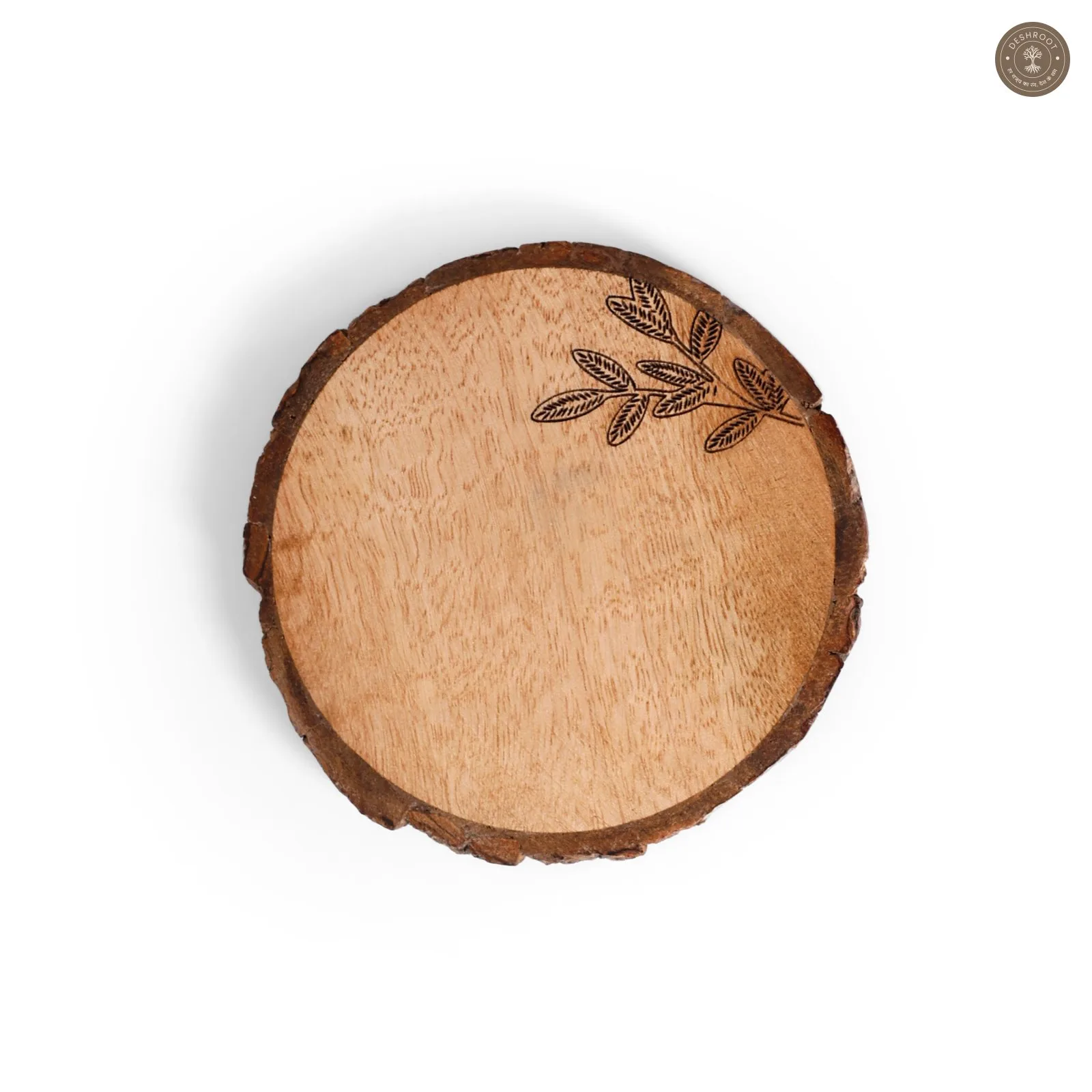 Forest Bark Wooden Coaster Set with Leaf Etching