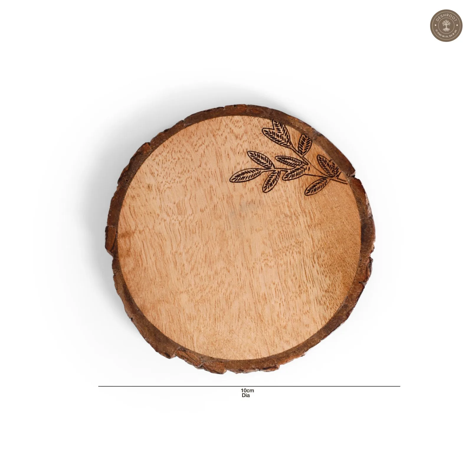 Forest Bark Wooden Coaster Set with Leaf Etching
