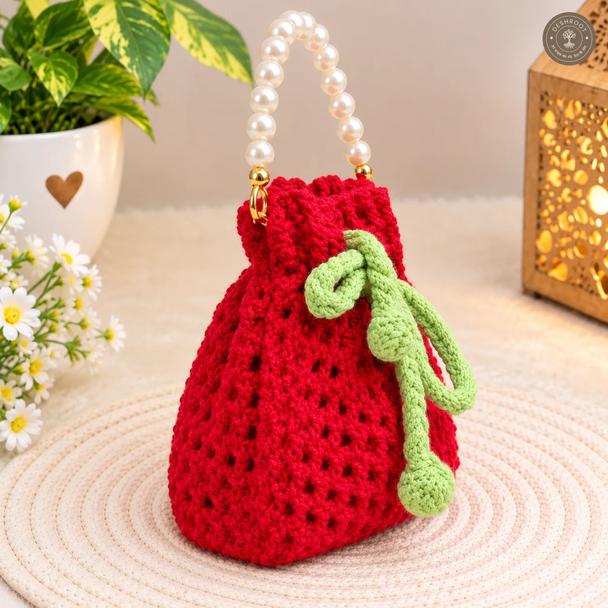 Handcrafted Strawberry Crochet Potli Bag with Pearl Handle & Drawstring