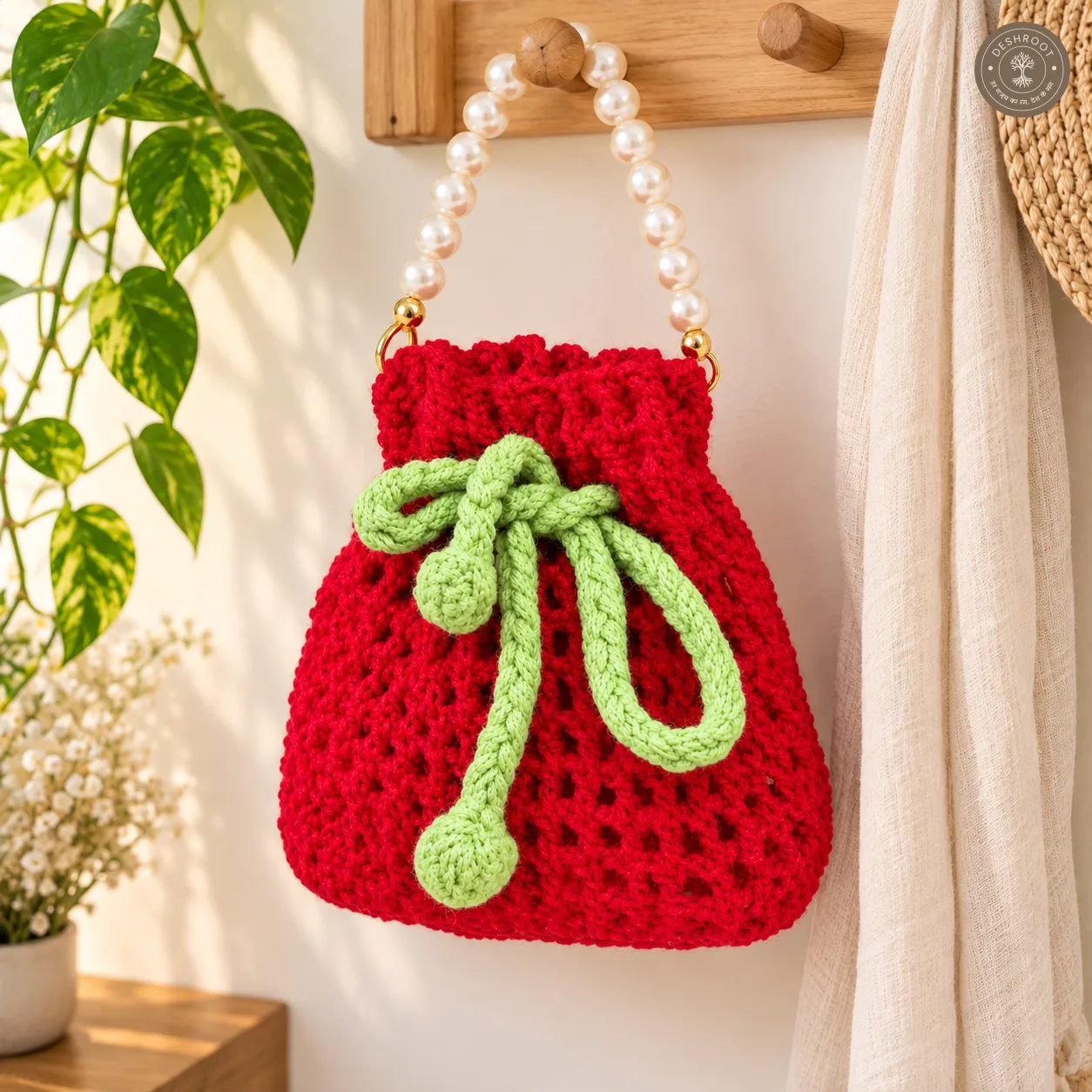 Handcrafted Strawberry Crochet Potli Bag with Pearl Handle & Drawstring