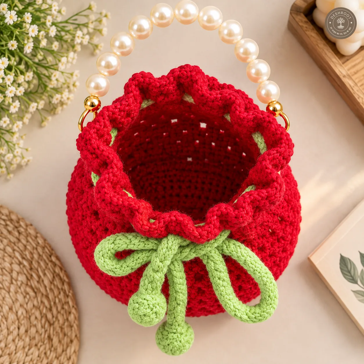 Handcrafted Strawberry Crochet Potli Bag with Pearl Handle & Drawstring
