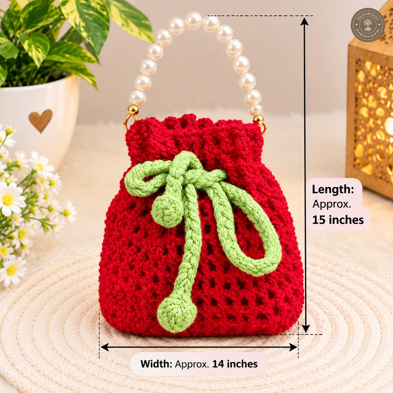 Handcrafted Strawberry Crochet Potli Bag with Pearl Handle & Drawstring