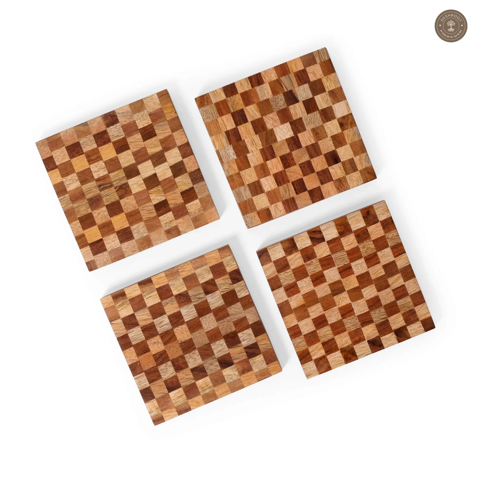Wooden Mosaic Coaster Set Handcrafted MDF & Wood